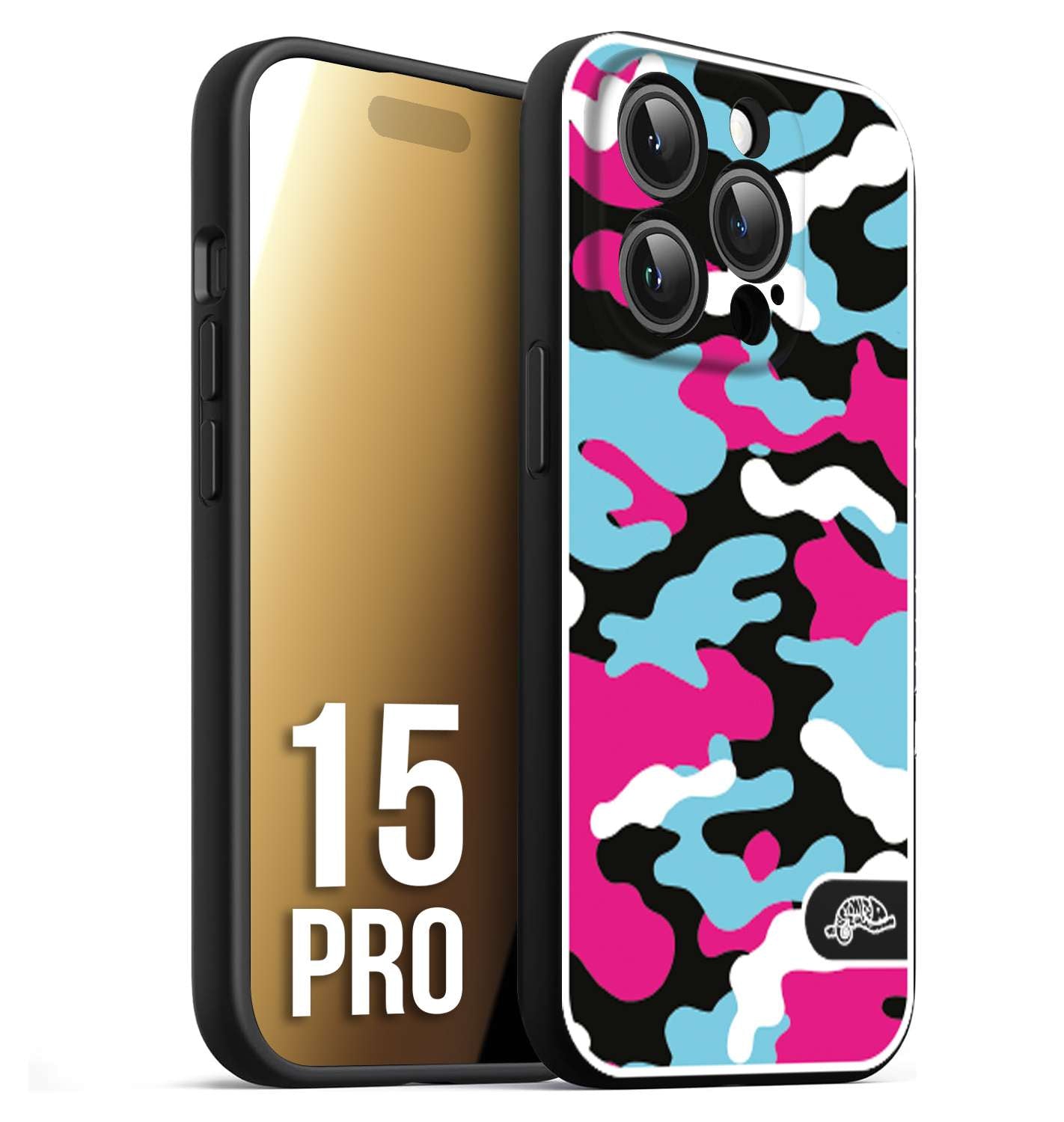 CUSTOMIZZA - Custodia cover nera morbida in tpu compatibile per iPhone 15 PRO camouflage mimetico militare fucsia celeste