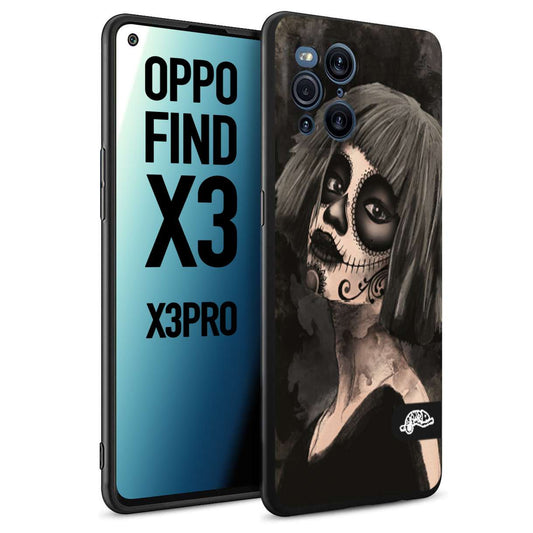 CUSTOMIZZA - Custodia cover nera morbida in tpu compatibile per Oppo Find X3 - Find X3 Pro 5G chicana messicana dea de la muerte donna santa tattoo disegnata