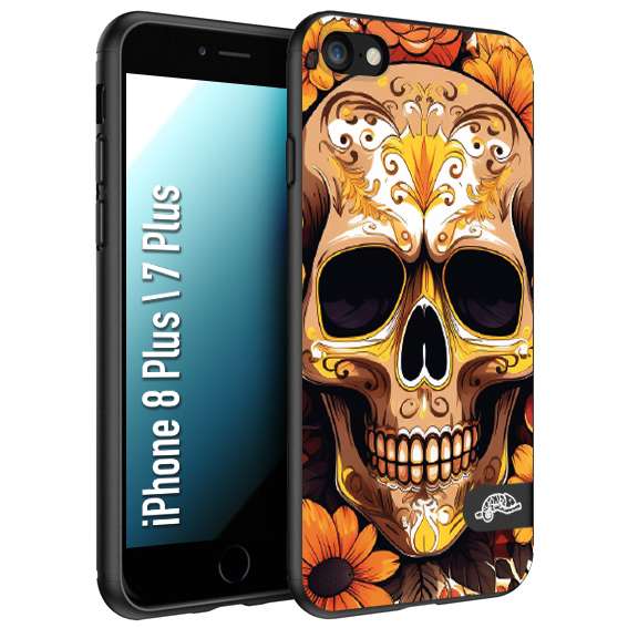 CUSTOMIZZA - Custodia cover nera morbida in tpu compatibile per iPhone 7 Plus - 8 plusteschio messicano colorato dorato fiori tattoo disegnato