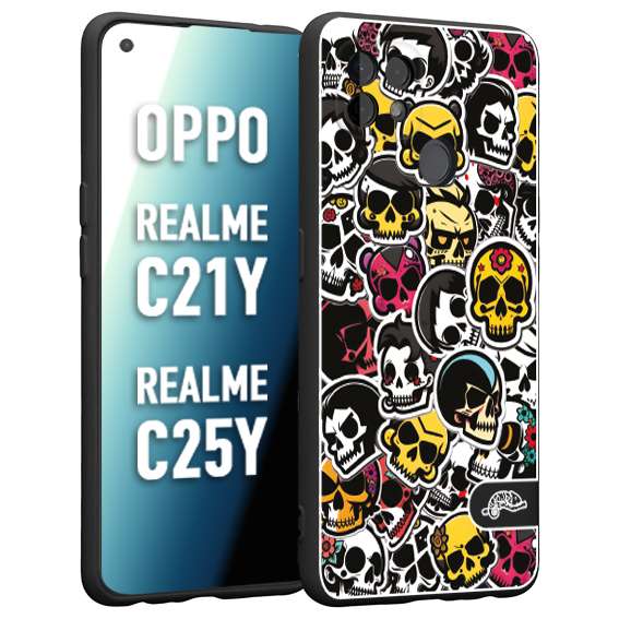 CUSTOMIZZA - Custodia cover nera morbida in tpu compatibile per Oppo Realme C21Y - C25Y sticker bomb teschi colorati adesivi skulls skater snowboard