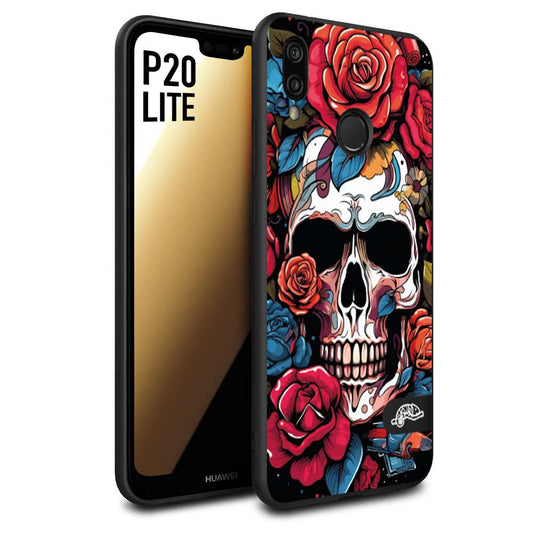 CUSTOMIZZA - Custodia cover nera morbida in tpu compatibile per Huawei P20 LITE teschio skull flowers fiori rose rosse tattoo disegnato