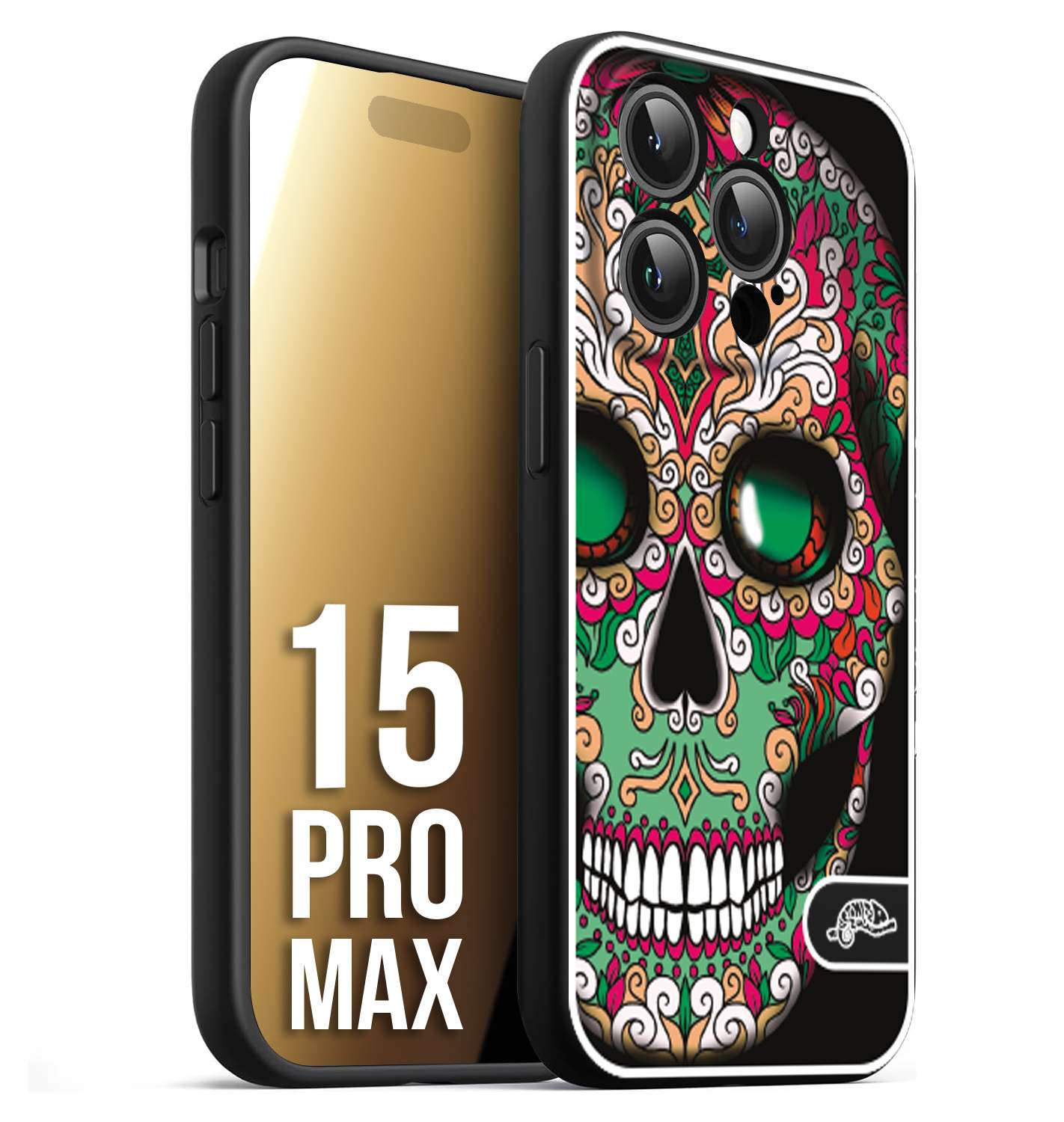 CUSTOMIZZA - Custodia cover nera morbida in tpu compatibile per iPhone 15 PRO MAX teschio messicano Mexican skull verde fucsia