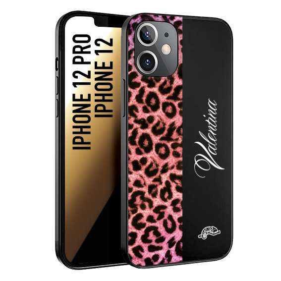 CUSTOMIZZA - Custodia cover nera morbida in tpu compatibile per iPhone 12 - 12 PRO leopardato rosa fucsia personalizzata nome iniziali