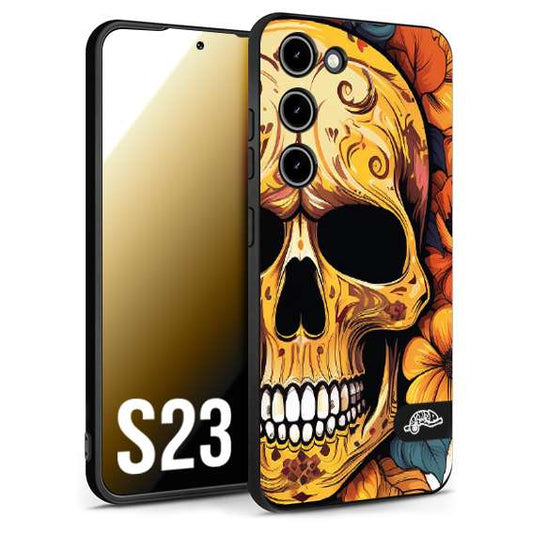 CUSTOMIZZA - Custodia cover nera morbida in tpu compatibile per Samsung S23 teschio messicano colorato dorato fiori autunnali disegnato