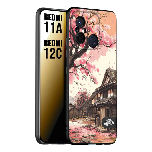 CUSTOMIZZA - Custodia cover nera morbida in tpu compatibile per Xiaomi Redmi 11A - 12C casa giapponese rosa ciliegio in fiore disegnata tattoo