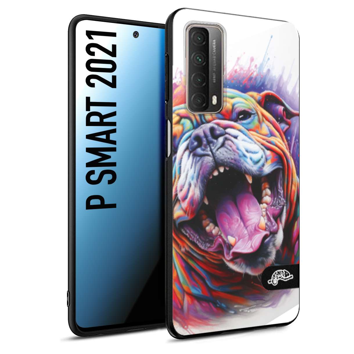 CUSTOMIZZA - Custodia cover nera morbida in tpu compatibile per Huawei P Smart 2021 animali color bulldog cane dog colori vibranti disegnato schizzo