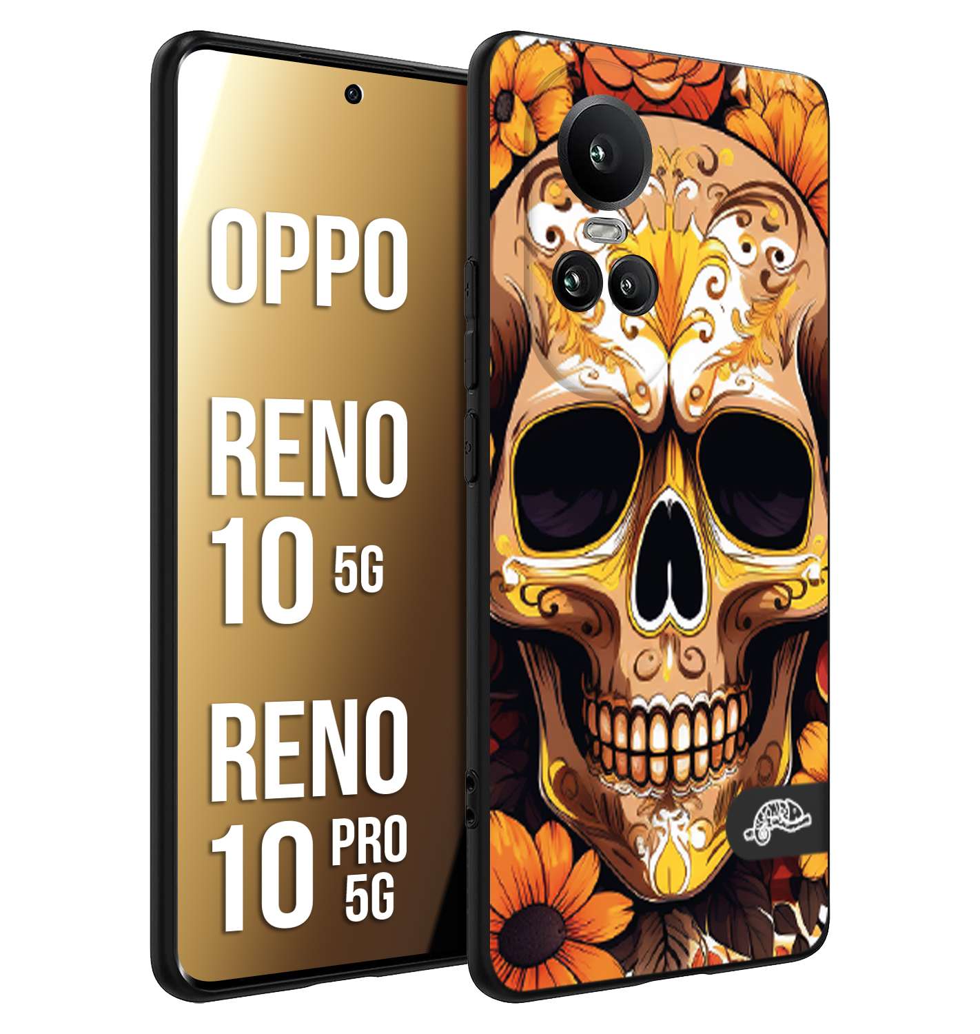 CUSTOMIZZA - Custodia cover nera morbida in tpu compatibile per Oppo Reno 10 5G - 10 PRO 5G teschio messicano colorato dorato fiori tattoo disegnato