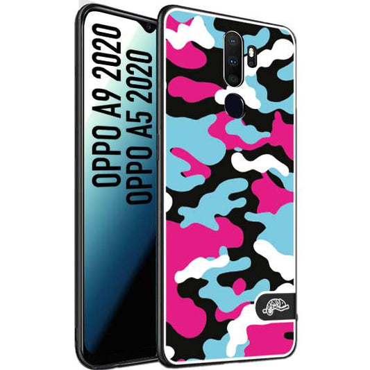 CUSTOMIZZA - Custodia cover nera morbida in tpu compatibile per Oppo A9 2020 - A5 2020 camouflage mimetico militare fucsia celeste