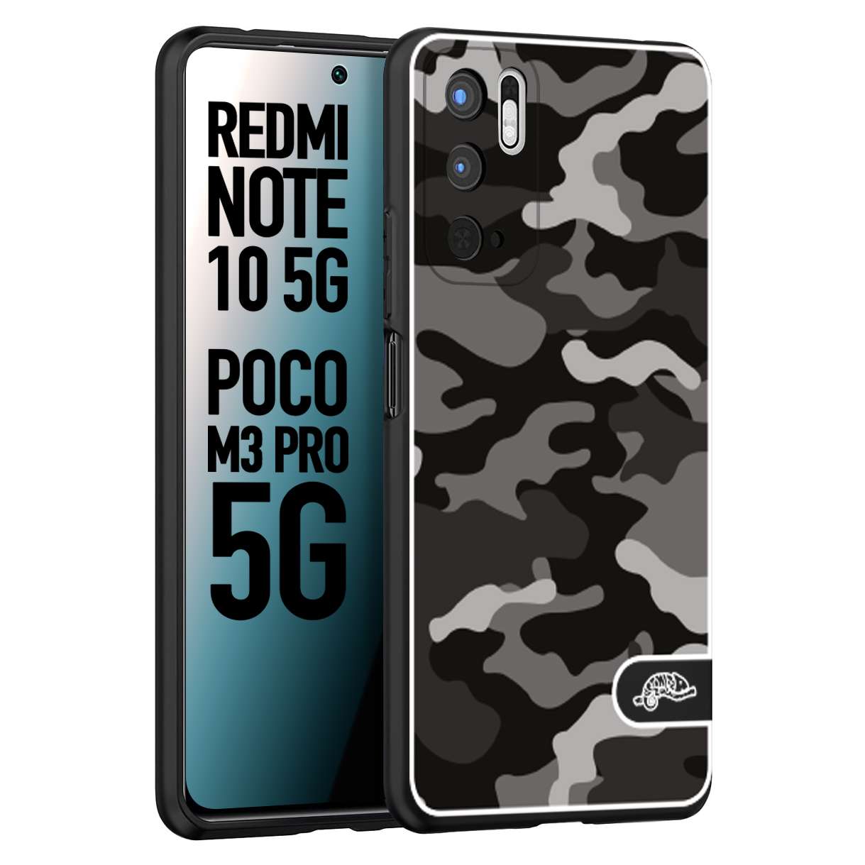 CUSTOMIZZA - Custodia cover nera morbida in tpu compatibile per Xiaomi Redmi Note 10 5G - Poco M3 Pro 5G camouflage mimetico militare nero black grigio