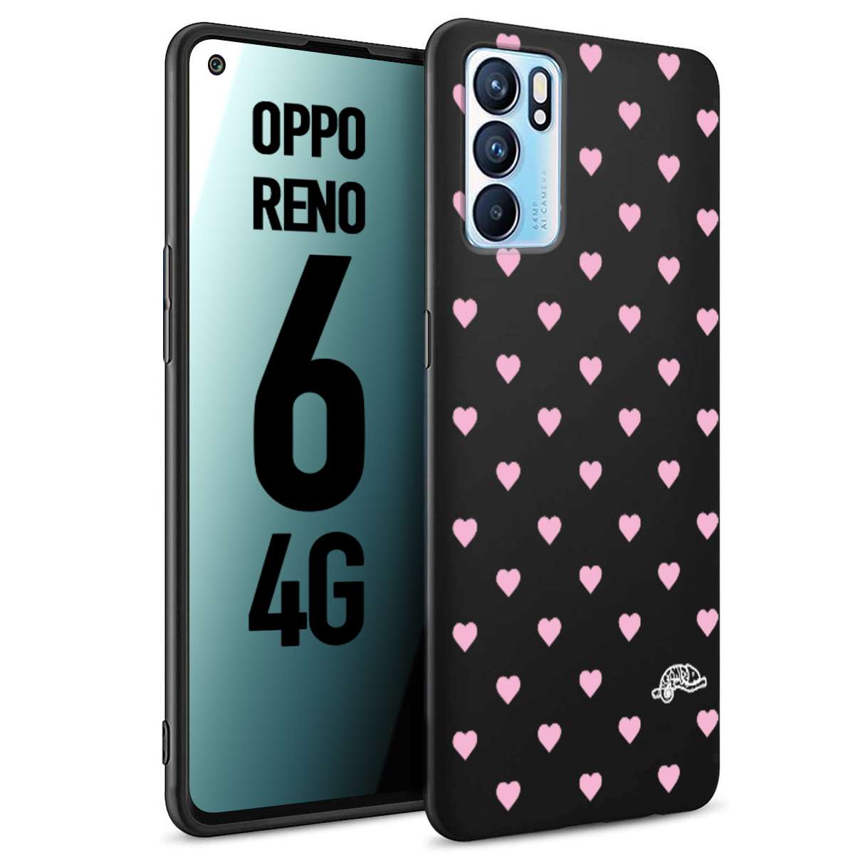 CUSTOMIZZA - Custodia cover nera morbida in tpu compatibile per Oppo Reno 6 4G cuori pois rosa su nero donna pin up vintage