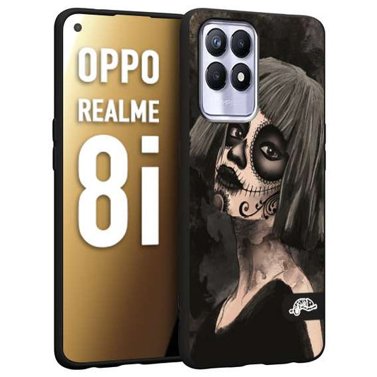 CUSTOMIZZA - Custodia cover nera morbida in tpu compatibile per Oppo Realme 8i chicana messicana dea de la muerte donna santa tattoo disegnata