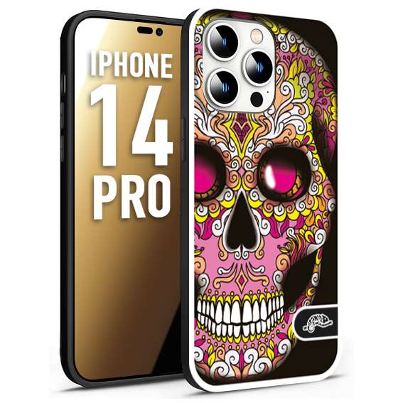 CUSTOMIZZA - Custodia cover nera morbida in tpu compatibile per iPhone 14 PRO teschio messicano Mexican skull rosa gialla