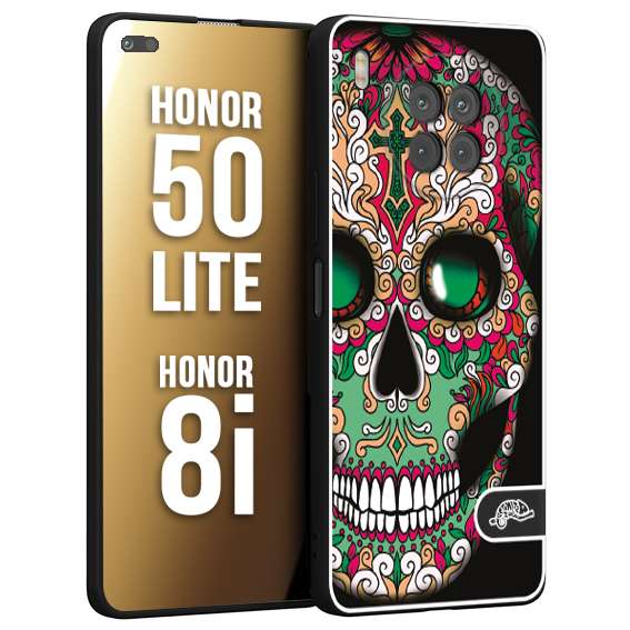 CUSTOMIZZA - Custodia cover nera morbida in tpu compatibile per Honor 8i - Honor 50 LITE teschio messicano Mexican skull verde fucsia