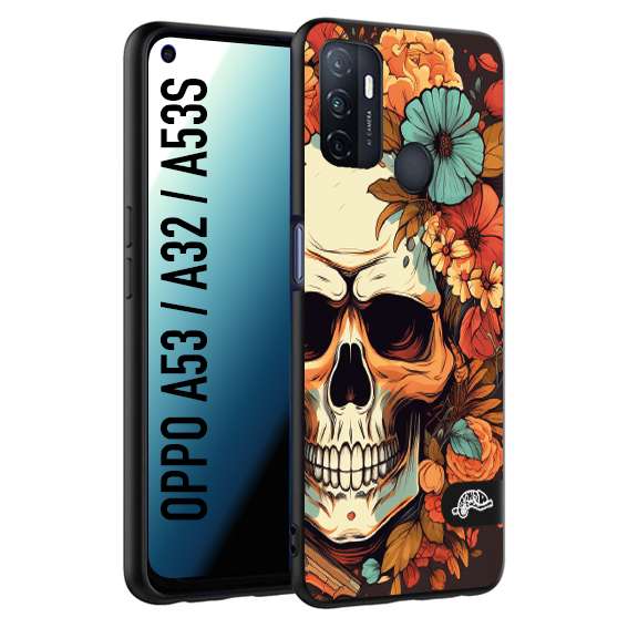 CUSTOMIZZA - Custodia cover nera morbida in tpu compatibile per Oppo A53 - A32 - A53S teschio skull flowers fiori autunnali arancio celeste tattoo