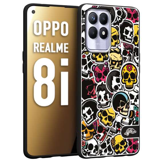 CUSTOMIZZA - Custodia cover nera morbida in tpu compatibile per Oppo Realme 8i sticker bomb teschi colorati adesivi skulls skater snowboard