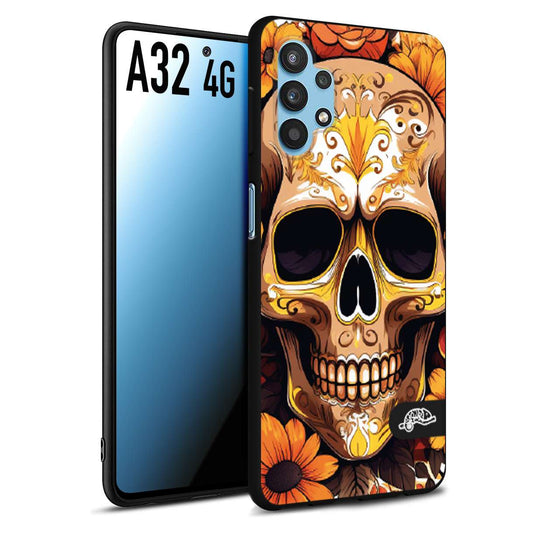 CUSTOMIZZA - Custodia cover nera morbida in tpu compatibile per Samsung A32 4G teschio messicano colorato dorato fiori tattoo disegnato