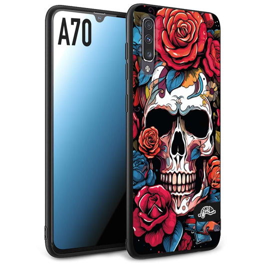 CUSTOMIZZA - Custodia cover nera morbida in tpu compatibile per Samsung A70 teschio skull flowers fiori rose rosse tattoo disegnato