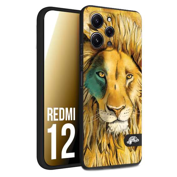 CUSTOMIZZA - Custodia cover nera morbida in tpu compatibile per Xiaomi Redmi 12 leone lion disegnato a mano giallo blu a rilievo artistico brown