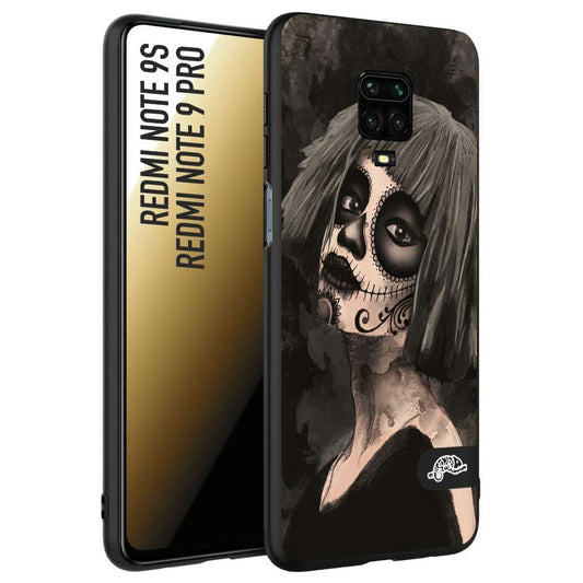 CUSTOMIZZA - Custodia cover nera morbida in tpu compatibile per Xiaomi Redmi Note 9S - Note 9 PRO chicana messicana dea de la muerte donna santa tattoo disegnata