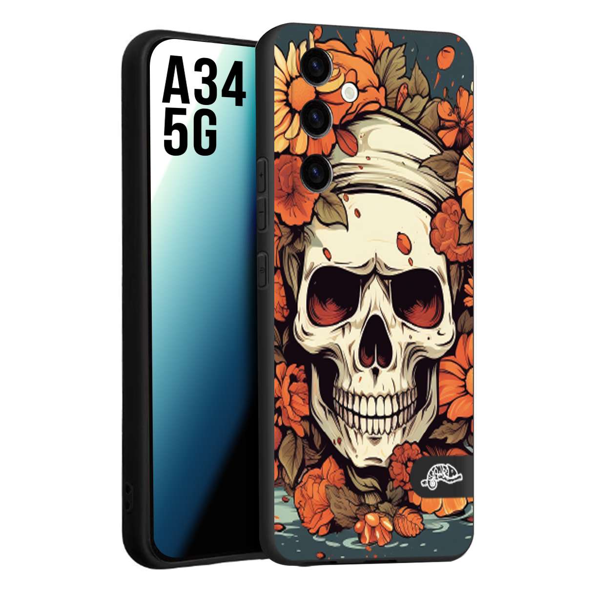 CUSTOMIZZA - Custodia cover nera morbida in tpu compatibile per Samsung A34 5G teschio skull flowers fiori tattoo disegnato alta definizione