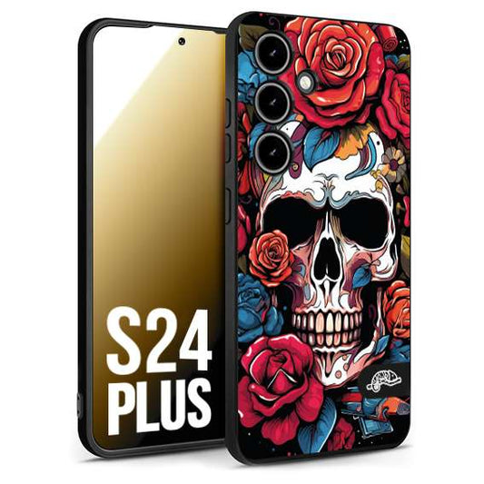 CUSTOMIZZA - Custodia cover nera morbida in tpu compatibile per Samsung S24 PLUS teschio skull flowers fiori rose rosse tattoo disegnato