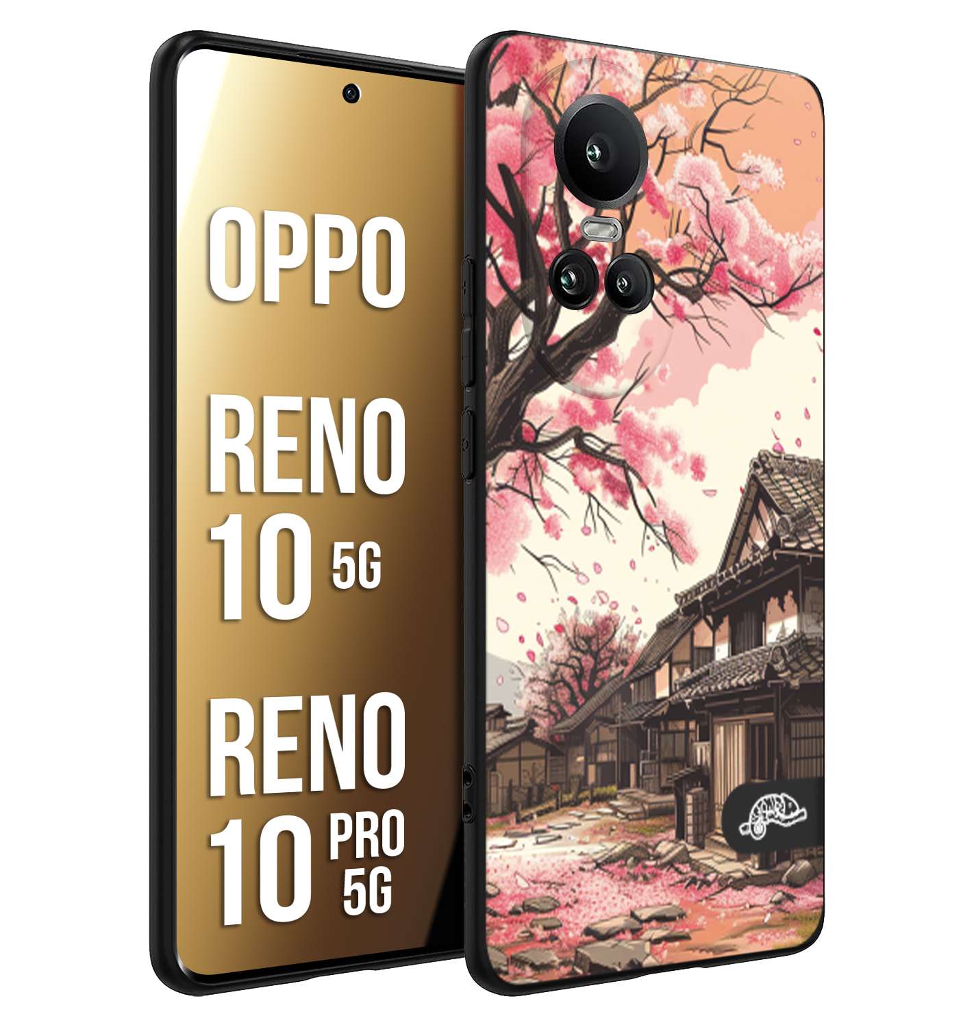 CUSTOMIZZA - Custodia cover nera morbida in tpu compatibile per Oppo Reno 10 5G - 10 PRO 5G casa giapponese rosa ciliegio in fiore disegnata tattoo