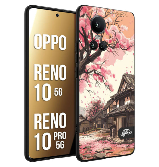 CUSTOMIZZA - Custodia cover nera morbida in tpu compatibile per Oppo Reno 10 5G - 10 PRO 5G casa giapponese rosa ciliegio in fiore disegnata tattoo