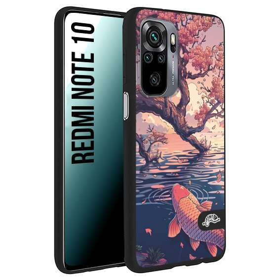 CUSTOMIZZA - Custodia cover nera morbida in tpu compatibile per Xiaomi Redmi Note 10 giapponese lago carpa koi rosa con foglie d'acero disegnata tattoo