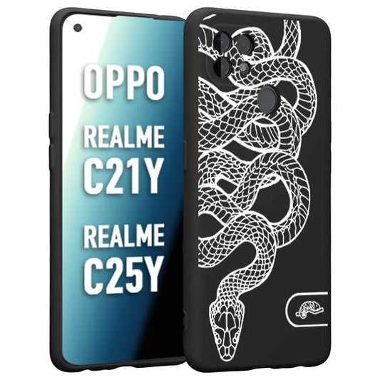 CUSTOMIZZA - Custodia cover nera morbida in tpu compatibile per Oppo Realme C21Y - C25Y serpente snake bianco a rilievo disegnato tattoo tatuaggio