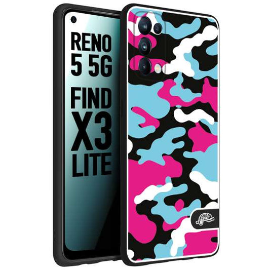 CUSTOMIZZA - Custodia cover nera morbida in tpu compatibile per Oppo Reno 5 5G camouflage mimetico militare fucsia celeste