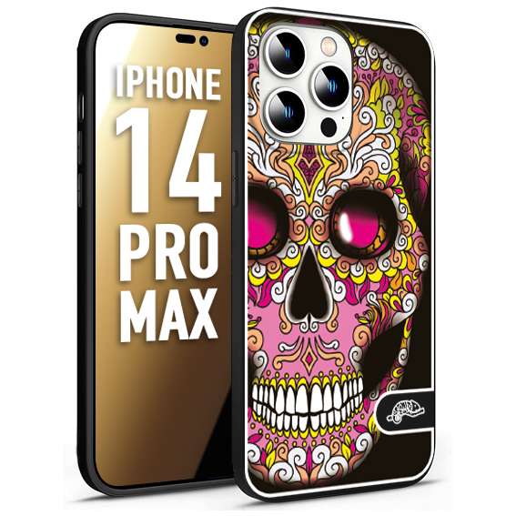 CUSTOMIZZA - Custodia cover nera morbida in tpu compatibile per iPhone 14 PRO MAX teschio messicano Mexican skull rosa gialla