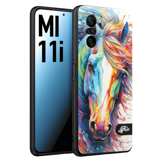 CUSTOMIZZA - Custodia cover nera morbida in tpu compatibile per Xiaomi Mi 11i animali color cavallo horse viso colori vibranti disegnato schizzo