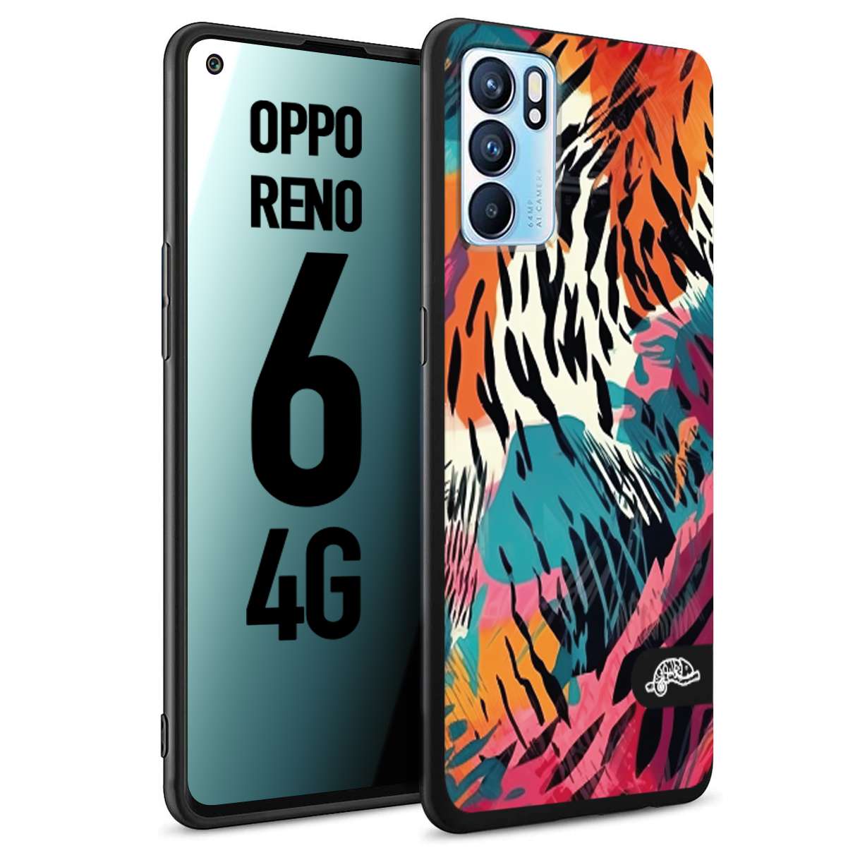 CUSTOMIZZA - Custodia cover nera morbida in tpu compatibile per Oppo Reno 6 4G leopardato maculato tigrato tiger colorata summer color