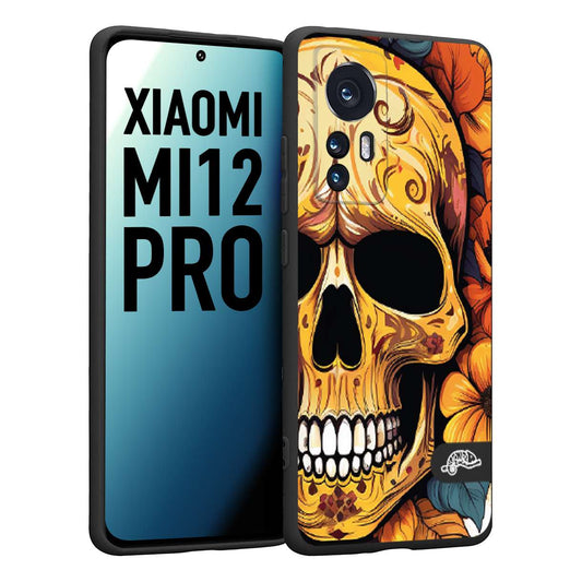 CUSTOMIZZA - Custodia cover nera morbida in tpu compatibile per Xiaomi 12 PRO teschio messicano colorato dorato fiori autunnali disegnato