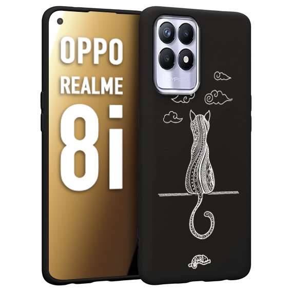 CUSTOMIZZA - Custodia cover nera morbida in tpu compatibile per Oppo Realme 8i gatto mandala stilizzato gattino a rilievo soft touch donna bianca