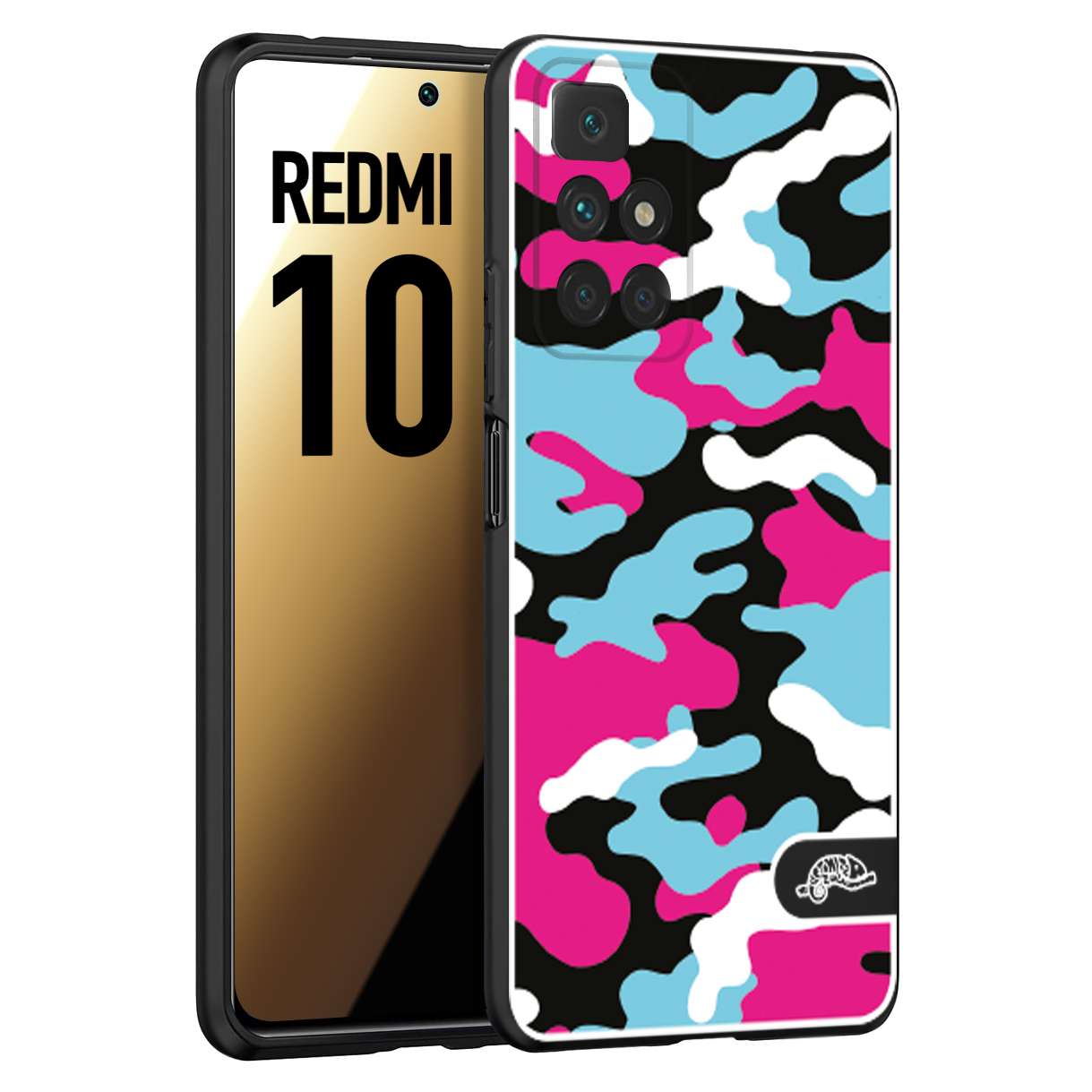 CUSTOMIZZA - Custodia cover nera morbida in tpu compatibile per Xiaomi Redmi 10 camouflage mimetico militare fucsia celeste