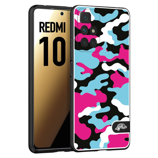 CUSTOMIZZA - Custodia cover nera morbida in tpu compatibile per Xiaomi Redmi 10 camouflage mimetico militare fucsia celeste