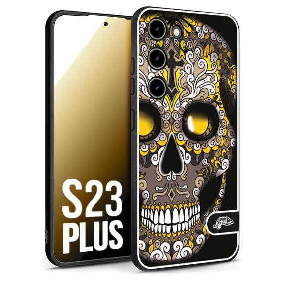 CUSTOMIZZA - Custodia cover nera morbida in tpu compatibile per Samsung S23 PLUS teschio messicano Mexican skull nero giallo