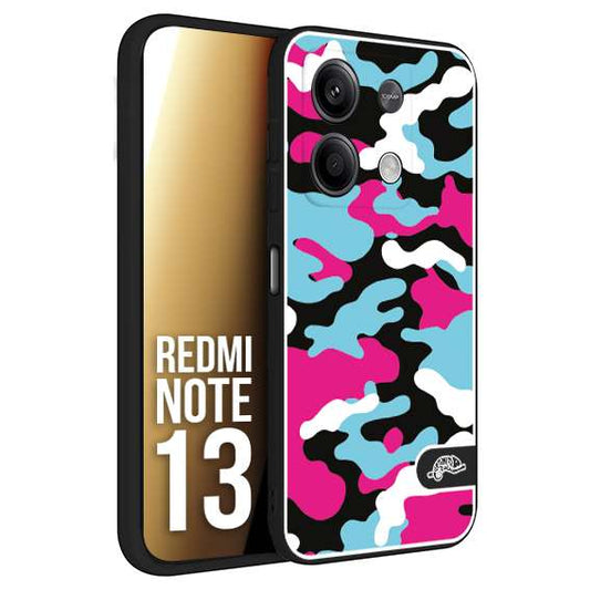 CUSTOMIZZA - Custodia cover nera morbida in tpu compatibile per Xiaomi Redmi Note 13 camouflage mimetico militare fucsia celeste