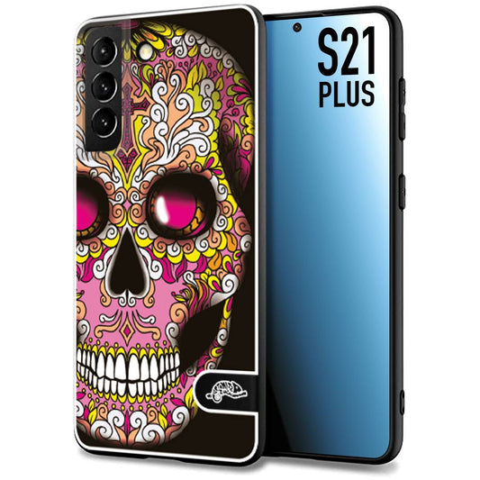 CUSTOMIZZA - Custodia cover nera morbida in tpu compatibile per Samsung S21 PLUS teschio messicano Mexican skull rosa gialla