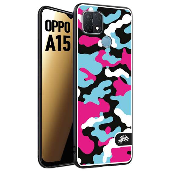 CUSTOMIZZA - Custodia cover nera morbida in tpu compatibile per Oppo A15 camouflage mimetico militare fucsia celeste