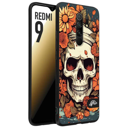 CUSTOMIZZA - Custodia cover nera morbida in tpu compatibile per Xiaomi Redmi 9 teschio skull flowers fiori tattoo disegnato alta definizione