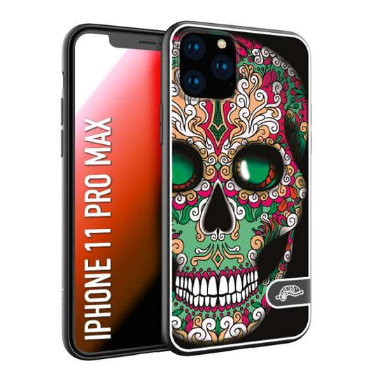 CUSTOMIZZA - Custodia cover nera morbida in tpu compatibile per iPhone 11 PRO MAX teschio messicano Mexican skull verde fucsia