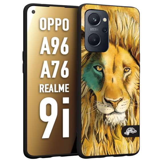 CUSTOMIZZA - Custodia cover nera morbida in tpu compatibile per Oppo Realme 9i - A96 - A76 leone lion disegnato a mano giallo blu a rilievo artistico brown