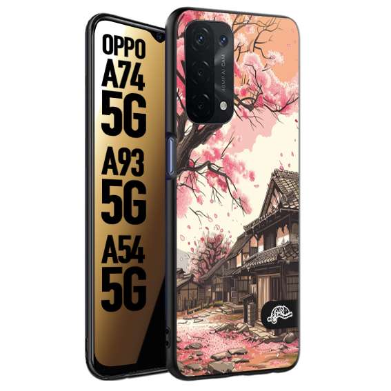 CUSTOMIZZA - Custodia cover nera morbida in tpu compatibile per Oppo A74 5G - A93 5G - A54 5G casa giapponese rosa ciliegio in fiore disegnata tattoo