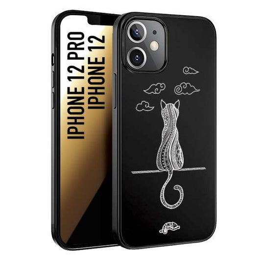 CUSTOMIZZA - Custodia cover nera morbida in tpu compatibile per iPhone 12 - 12 PRO gatto mandala stilizzato gattino a rilievo soft touch donna bianca