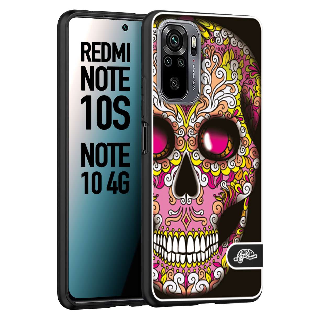 CUSTOMIZZA - Custodia cover nera morbida in tpu compatibile per Xiaomi Redmi Note 10S teschio messicano Mexican skull rosa gialla