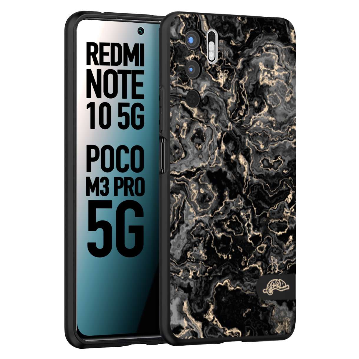 CUSTOMIZZA - Custodia cover nera morbida in tpu compatibile per Xiaomi Redmi Note 10 5G - Poco M3 Pro 5G effetto marmo marble nero black venature dorato pietra