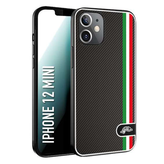 CUSTOMIZZA - Custodia cover nera morbida in tpu compatibile per iPhone 12 MINI effetto fibra di carbonio bandiera Italia made in Italy