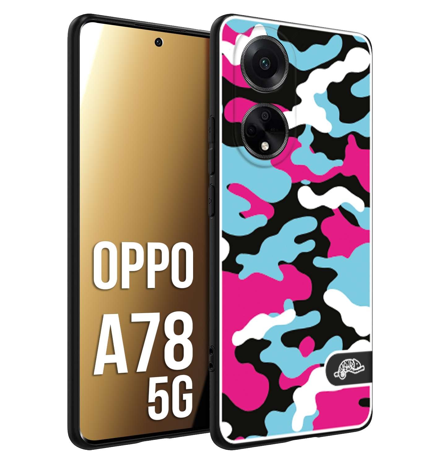 CUSTOMIZZA - Custodia cover nera morbida in tpu compatibile per Oppo A78 5G camouflage mimetico militare fucsia celeste